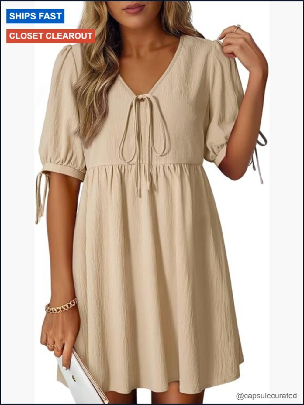 Casual V Neck Bow Tie Short Sleeve Empire Waist A-Line Mini Dress